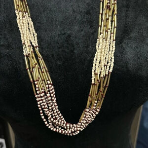 Multi‎ Strand Woven & Beaded Long Necklace Red White & Gold